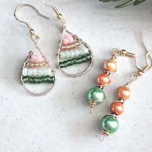 artisan earrings 620#mfs Teardrop green peach seed bead earrings & glass pearl d